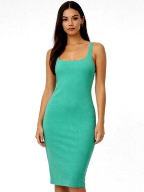 NWT Zara Green Bodycon Midi Dress M – Square Neck Minimalist Chic Stretch Fit